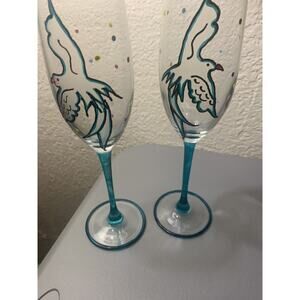Island Shop Bermuda Long Flute Champagne Glass Hand Painted Birds Wine Bar